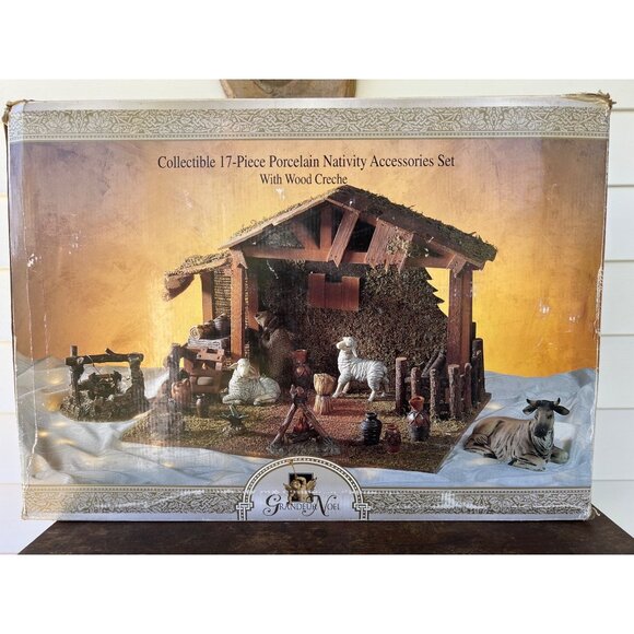 Vintage Collectible 17-Piece Porcelain Nativity Accessories Set With Wood Creche - Picture 1 of 2
